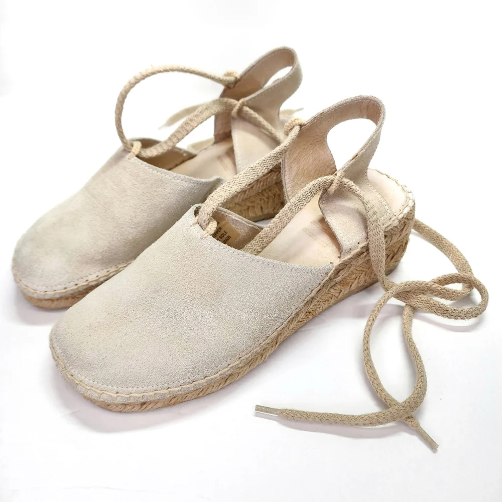 J. JILL Cream Suede Leather Espadrille Small Wedge Heel Shoe Lace Wrap 6